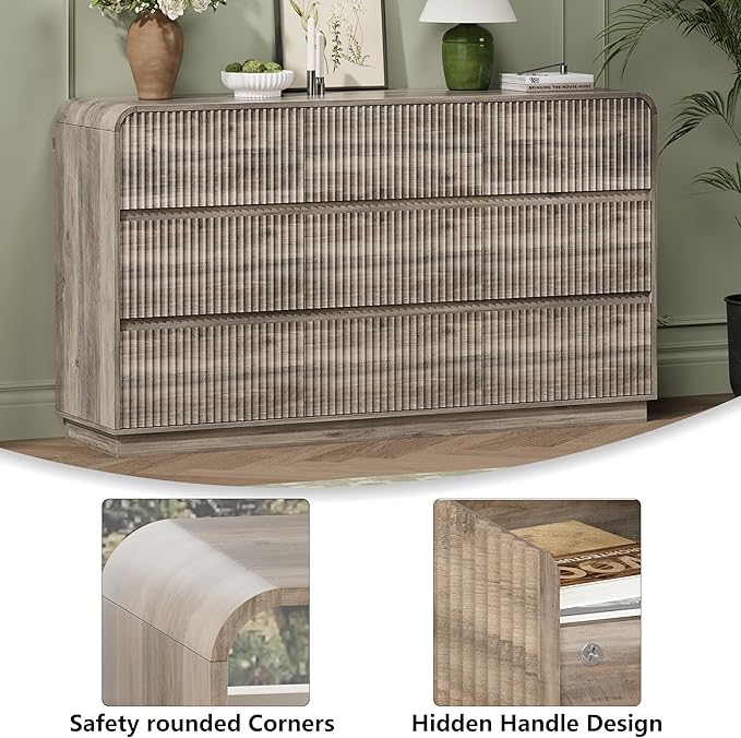 Grey Dresser Fluted 9 Drawers Dresser for Bedroom, 59" Wide Wood Chest of Drawers with Hidden Handles & Rounded Corners, Modern TV Stand Storage Cabinet for Living Room, Hallway, Entryway, Gray