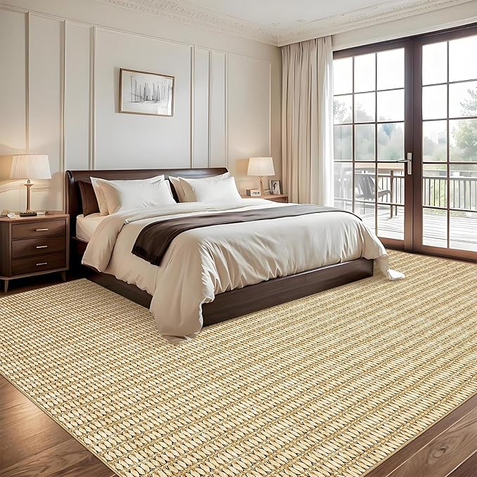 9x12 Area Rug Washable Modern Braided Rug for Living Room Low Pile Soft Bedroom Rugs Non Slip Modern Indoor Large Carpet Thin Foldable Distressed Woven Print Carpet for Nursery Dining Playroom, Camel