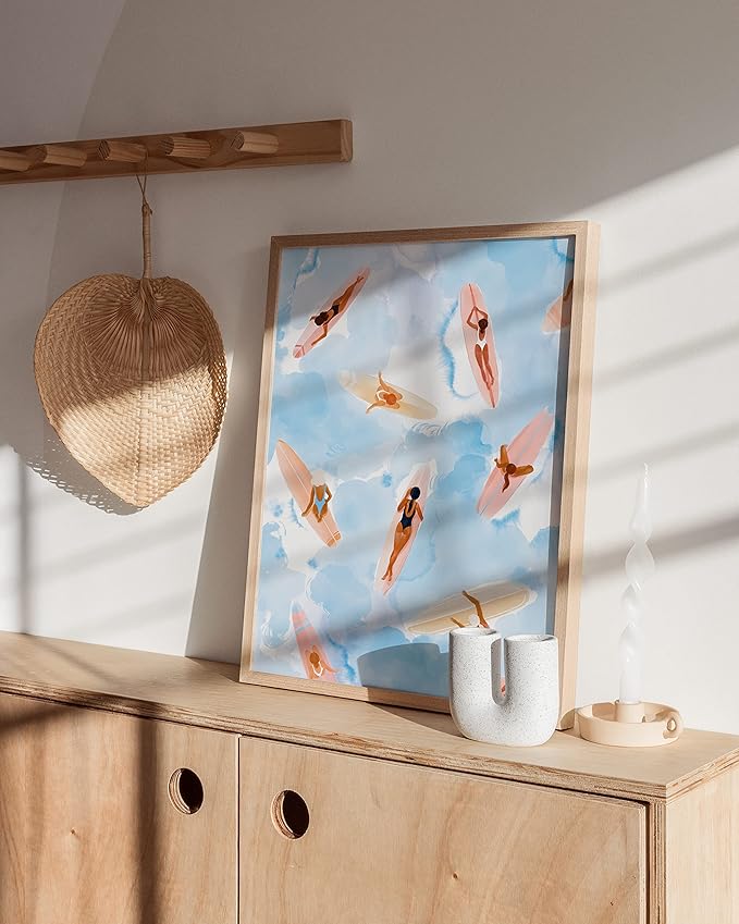 HAUS AND HUES Surfing Beach Wall Art - Watercolor Surfboard Print, Coastal Room Decor (Beige Frame, 12x16)