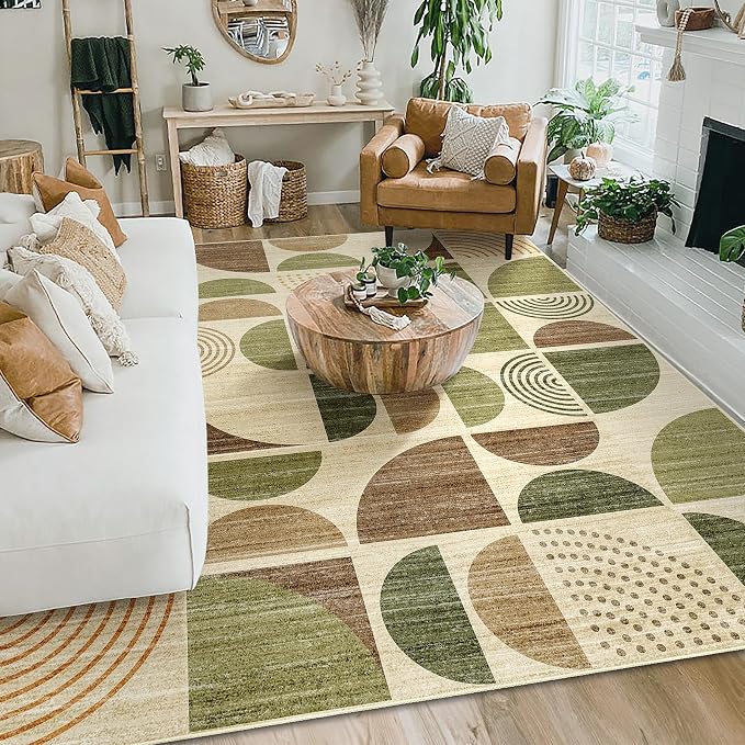 MUJOO Washable Rug 8x10,Large Area Rugs for Living Room Bedroom Dining Room,Boho Throw Floor Carpet Non Slip Soft Modern Abstract Vintage Green and Brown