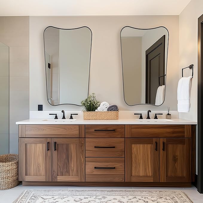 MIRRORTART Contemporary Black Bathroom Wall Mirrors, 24x40'' Asymmetrical Scalloped Butterfly Rectangle Mirror in 1'' Stainless Steel Metal Frame for Home Decor Wall Mounted Vertical Only
