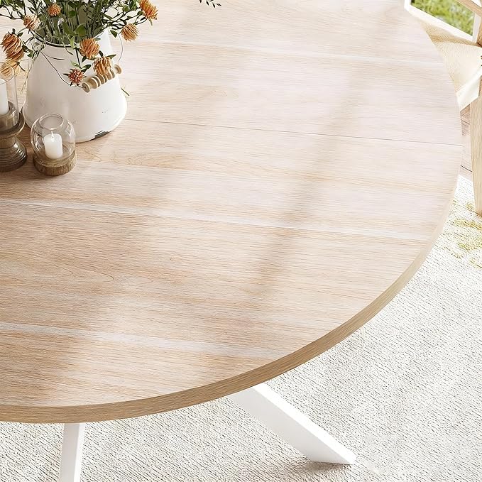 ChooChoo 47.2 Inch Round Dining Table for 4, Farmhouse Wood Kitchen Table, Circle Dinner Table for Kitchen & Dining Room, Natural Oak&White