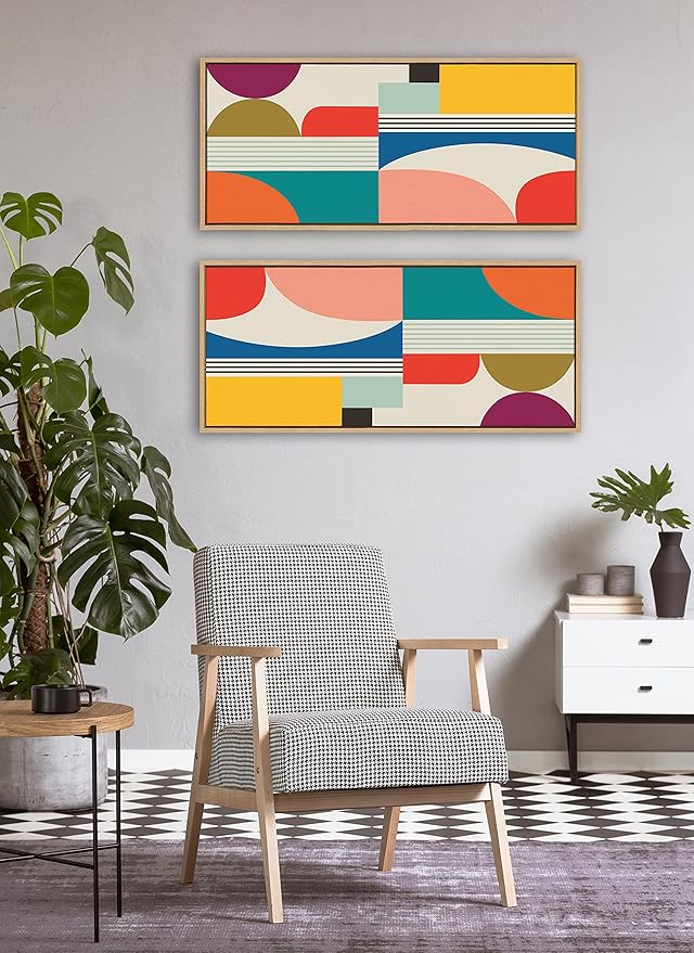 Kate and Laurel Sylvie Mid Century Modern Pattern Framed Canvas Wall Art by Rachel Lee of My Dream Wall; 18x40 Natural; Colorful Abstract Art Print for Wall