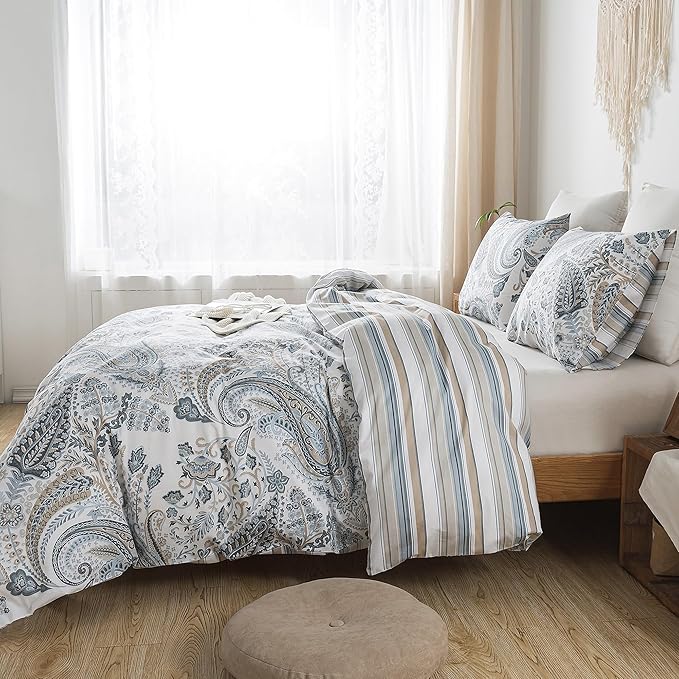 HoneiLife Cotton Duvet Cover Queen - 3pcs Paisley Comforter Cover, Soft & Breathable Floral Bedding Duvet Cover Sets with Zipper Closure & Corner Ties, Wildflower Comforter Cover Sets All Season Use