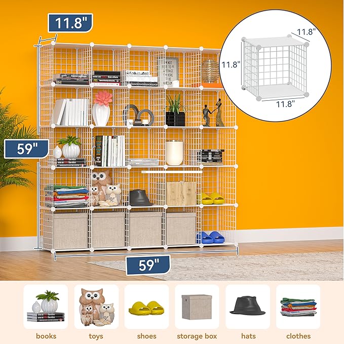 Cube Storage Organizer, Metal 25-Cube Shelves Bookshelf, Portable Closet Clothes Organizer for Bedroom, Home, Office, White