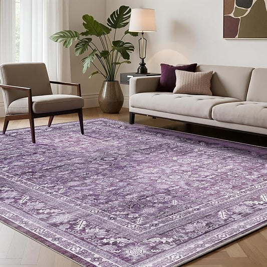 OPPODREAM Vintage Purple Area Rugs 9x12, 9 x 12 Retro Washable Rug Non Slip, Low-Pile Faux Wool Carpet, Distressed Floor Mat for Living Room, Bedroom, Office, Dorm, Dinning Room, Big & Large