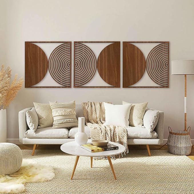 Geometric Mid Century Modern Wooden Decor, Rustic Boho Wood Wall Art, Large Wall Decor Over the Bed, Circular Wall Panels for Living Room and Bedroom