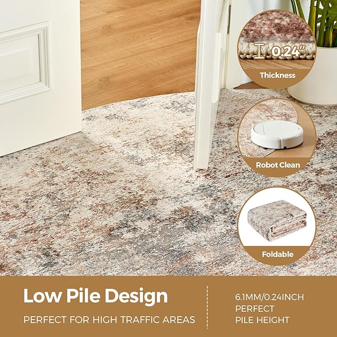 WITSHOCK 8ft Round Area Rug for Living Room: 8x8 Washable Neutral Modern Abstract Soft Thin Rug Indoor Floor No Slip Rug Carpet for Bedroom Under Dining Table Home Office Decor (Rust Color)