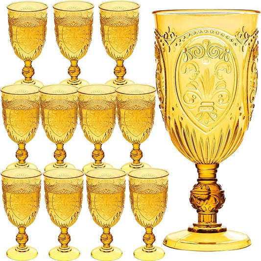Plastic Wine Glasses 12Pcs Plastic Goblets 7.5oz Colored Retro Embossed Glassware Vintage Stemmed Drinking Cup Reusable Water Goblets for Wedding Reception Grand Event Party Bar,Whiskey (Amber)