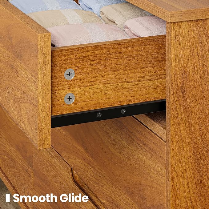 47" Wide Wooden Dresser for Bedroom, Mid-Century Modern 6 Drawer Double Dresser with Walnut Wood Grain, Large Horizontal Storage Chest for Living Room, Anti-Tip Kit, Caramel