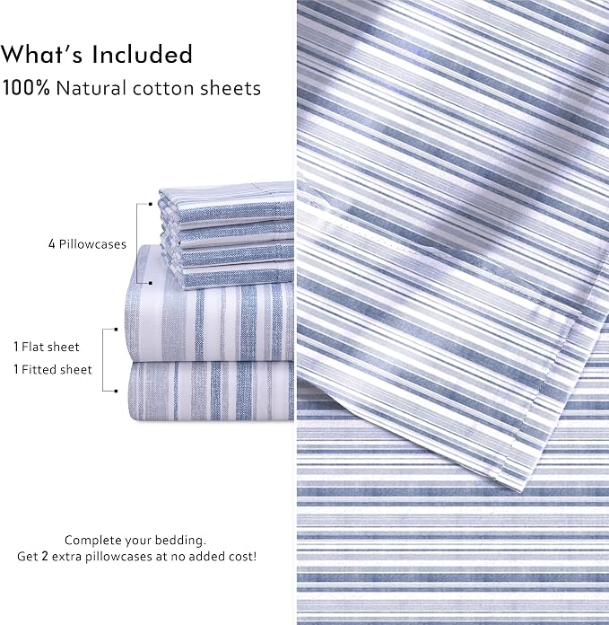 RUVANTI 100% Cotton Percale Sheets Queen Size 6 Piece Set, Cooling Bed Sheets for Hot Sleepers, Deep Pocket 16”, Breathable Lightweight & Durable, Crisp Hotel Style Sheets, Naval Blue