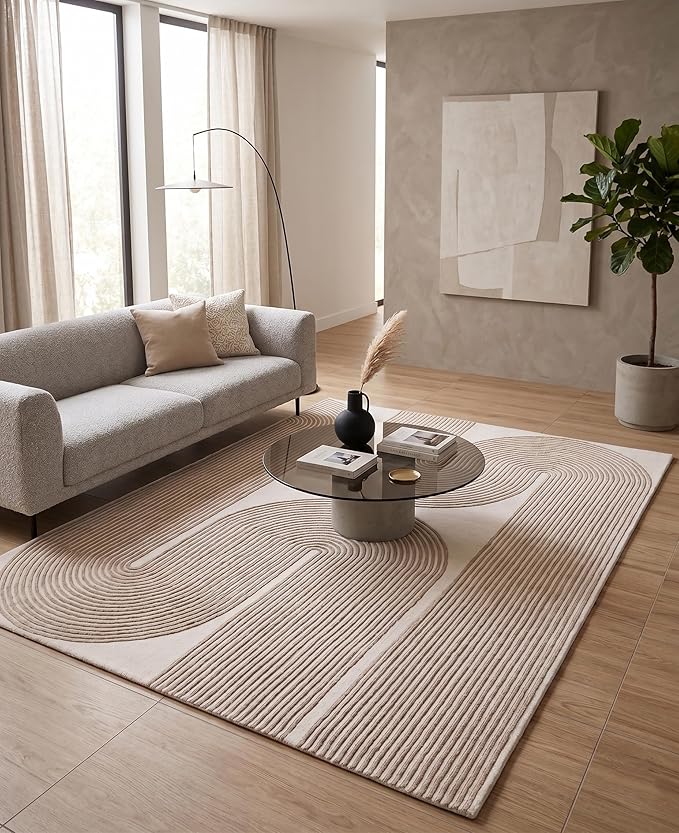 Modern Handmade Wool Area Rug, Abstract Curved Line Geometric Indoor Carpet for Living Room Bedroom, Contemporary Tufted Rug with Soft Pile and Cotton Backing (Sand Beige, 5' x 8')