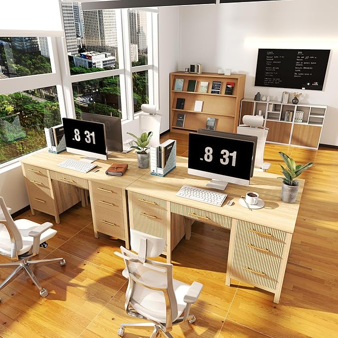 Modern Executive Desk with Drawers: 60" Oak Home Office Desks with File Drawers, Wood Fluted Computer Writing Desk for Work, Study, and Living Room (60")