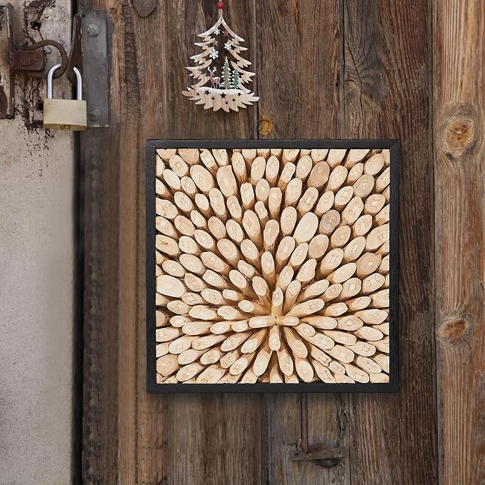 Warmaxx Rustic Teak Wood Framed Wall Decor 17''x17 Farmhouse Wall Art Aesthetic Christmas Decoration Home Living Room Bedroom Office Handmade Square Wooden Branch Collage Section