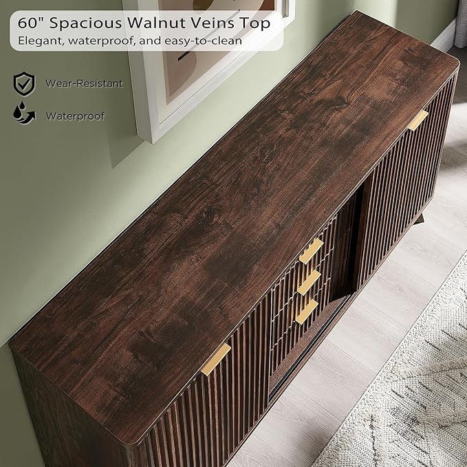 T4TREAM 60" Fluted Dresser with Sliding Doors and 4 Drawers, Modern Chest, Curved Profile Design, Dresser TV Stand, Wood Drawer Organizer for Bedroom, Living Room, Dark Walnut