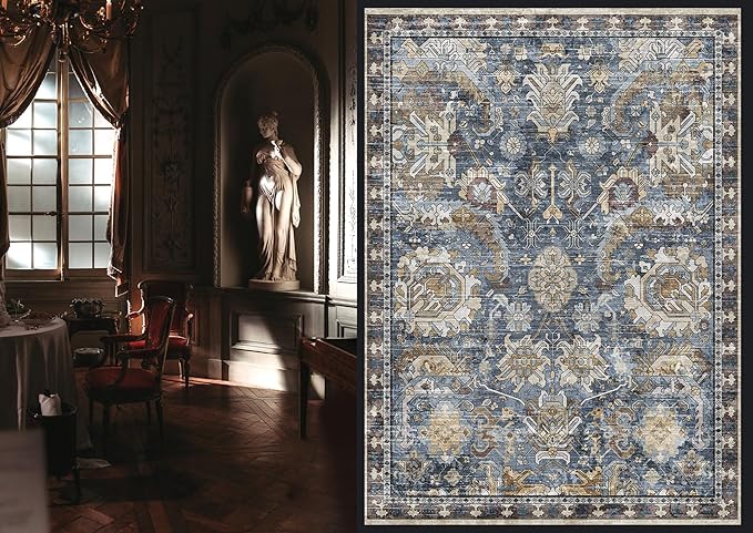 RUGSURE Washable Area Rugs - Perfect for Living Room, Bedroom, Kids Room, Nursery - Stain & Water Resistant Non-Slip, Pet & Child Friendly, Vintage Tribal Area Rugs (Navy, 4' x 6')