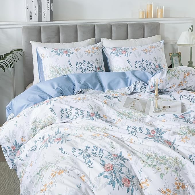 HoneiLife Floral Duvet Cover Queen - 100% Cotton Comforter Cover, Botanical Bedlinen Set with Zipper Closure & Corner Ties, 3-pcs Wildflower Comforter Cover Sets