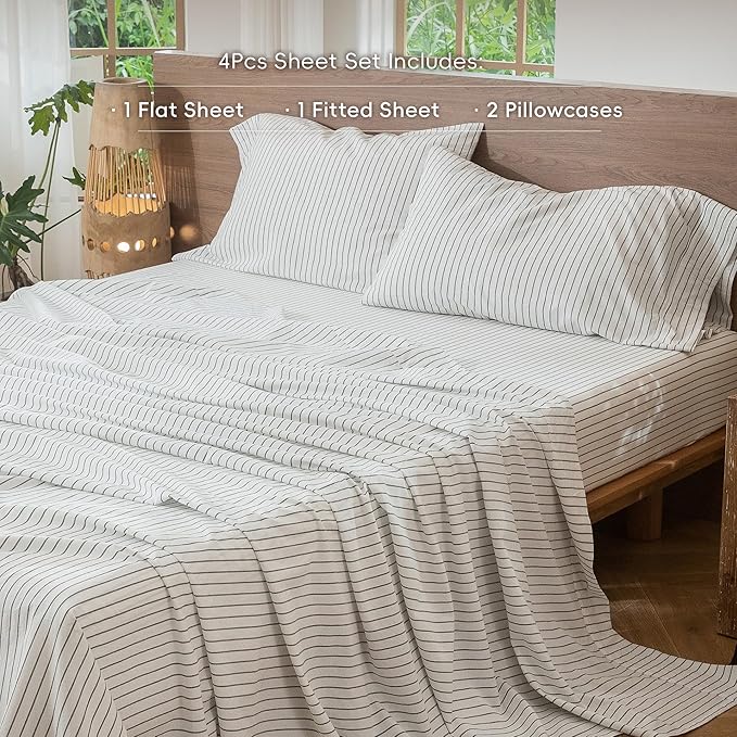 MooMee Striped Sheet Set 100% Washed Cotton Linen Like Textured Breathable Durable Soft Comfy (White Heathered Green Wide Stripes, Queen)