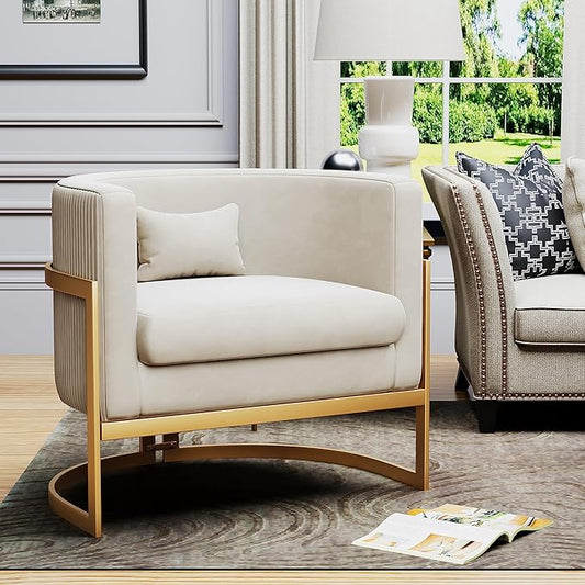 Velvet Accent Chair Modern Barrel Chair with Gold Legs Upholstered Armchair for Bedroom Living Room Sofa Chair Club Side Chairs Ivory