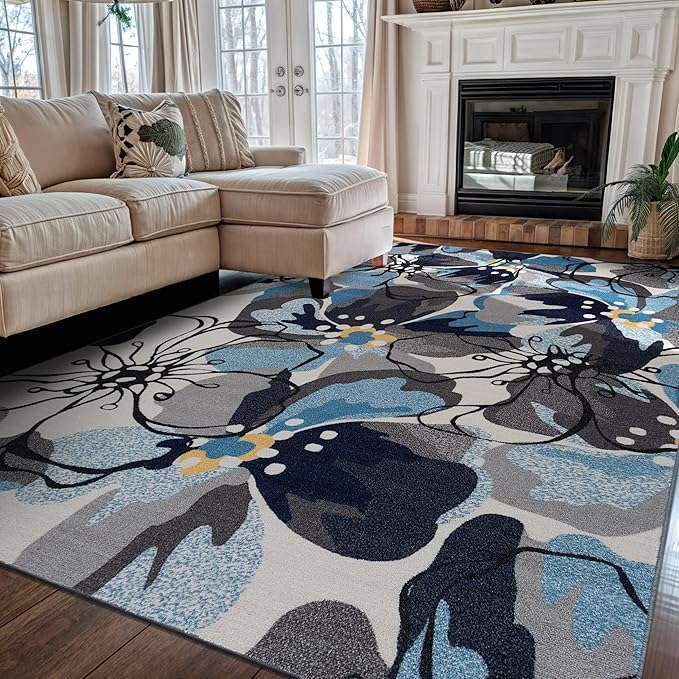 Rugshop Gray Large Floral Non-Slip Area Rug Fade Resistant for Living Room, Dining Room and Bedroom, 6'6" x 9'