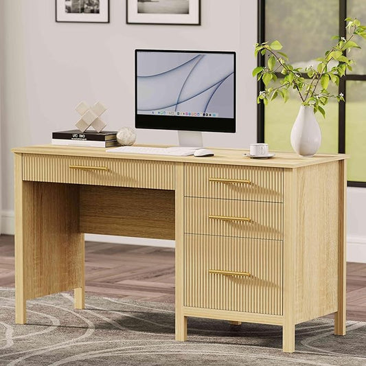 Modern Executive Desk with Drawers: 54" Oak Home Office Desks with File Drawers, Wood Fluted Computer Writing Desk for Work, Study, and Living Room (54")