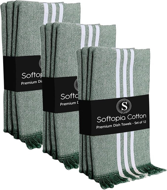 Stripe Kitchen Towels 12 Pack, 16x26 Inches, Cotton Dish Cloths, Absorbent Drying Rags, Reusable and Washable Tea Towels, Cleaning Cloths for Daily Kitchen Use - Forest Green