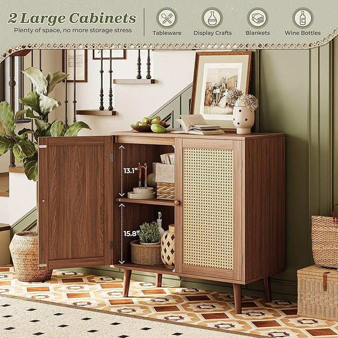 Huuger Buffet Cabinet with Storage, Storage Cabinet with Synthetic Rattan Decor Doors, Accent with Solid Wood Feet, Sideboard for Hallway, Entry, Living Room, Walnut
