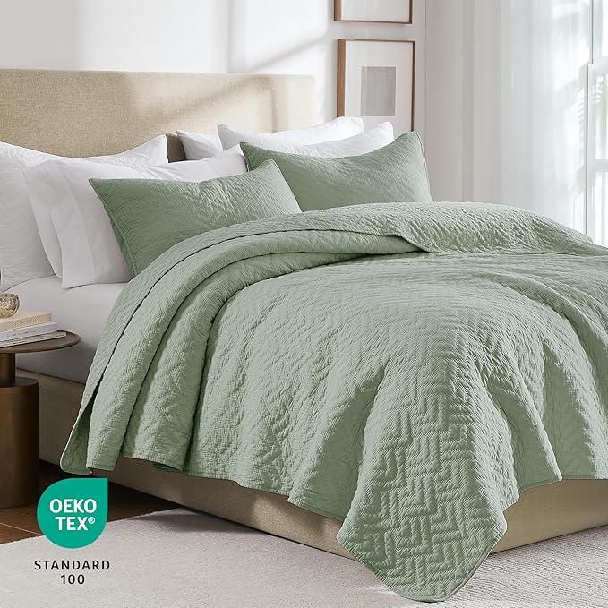 palassio 100% Cotton Textured Bedding Sets with 2 Pillow Shams，Sage Green California Cal King Size，3 Pieces