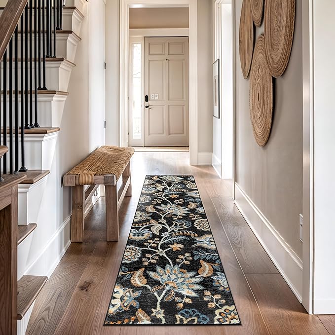 Rugshop Black Floral Runner Rug – Colorful Botanical Indoor Carpet for Living Room, Bedroom, or Dining Room – Soft Low-Pile, Non-Shedding Traditional Runner Rug 2' 3" x 8'