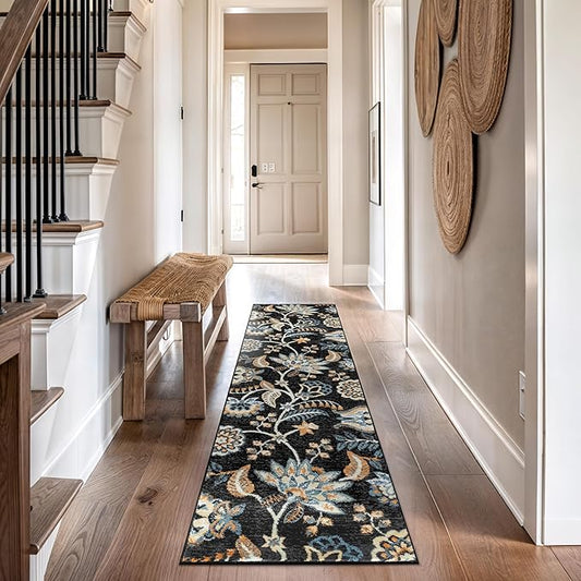 Rugshop Black Floral Runner Rug – Colorful Botanical Indoor Carpet for Living Room, Bedroom, or Dining Room – Soft Low-Pile, Non-Shedding Traditional Runner Rug 2' 3" x 12'