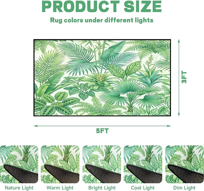 Tropical Leaves Area Rug 3'x5' Green Botanical Palm Fern Leaf Rug Non Slip Washable Indoor Floor Mat for Entryway Bedroom Living Room Nursery Kitchen Playroom Home Decor