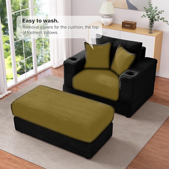 Oversized Chaise Lounge Chair Indoor with USB, Cup Holder & Ottoman, Firm Solid Wood Frame with Long Service Life Corduroy Oversized Lounge Reading Chair for Study Room - Black