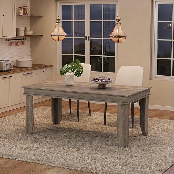 GarveeHome Farmhouse Dining Table for 4-6 People, 63 in Long Kitchen Tables with Wooden Sturdy Frame, 5 ft Large Rectangular Dinner Table for Dining Room, Kitchen, Grey Walnut, 63" Non-extendable