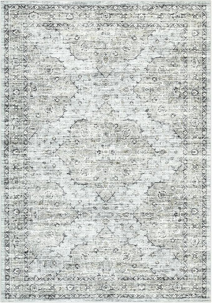 Washable 9x12 Boho Vintage Area Rugs for Living Room Non-Slip Distressed Large Rugs for Bedroom Dining Room Nursery Neutral Oriental Throw Thin Foldable Carpet for Playroom Vintage Carpet, Blue Brown