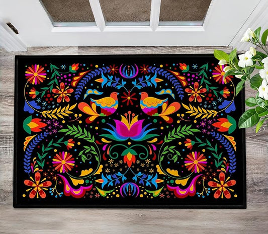 Mexican Talavera-Themed Door Mat Indoor Entrance Carpet Mexican Decor Doormat Black Entry Rug Non Slip 2x3 Washable Floor Mats Small Area Rug for Entryway, Kitchen, Bathroom, Bedroom