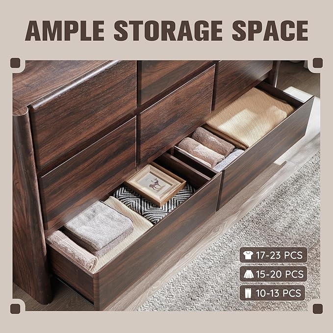 Modern 8 Drawers Dresser for Bedroom, 55" Wide Dresser w/Large Storage & Rounded Corner, Wood Handleless Chests of Drawers w/Natural Texture for Bedroom, Hallway, Living Room-Brown