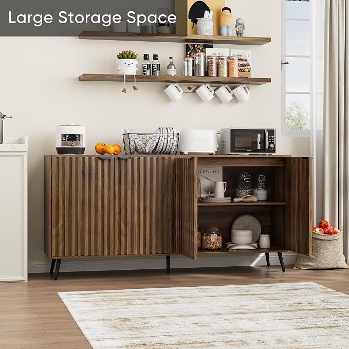 Smuxee 63" Fluted Sideboard Cabinet, Freestanding Walnut Buffet Cabinet with Adjustable Shelf, Wood Storage Cabinet for Living Room, Entryway, Hallway