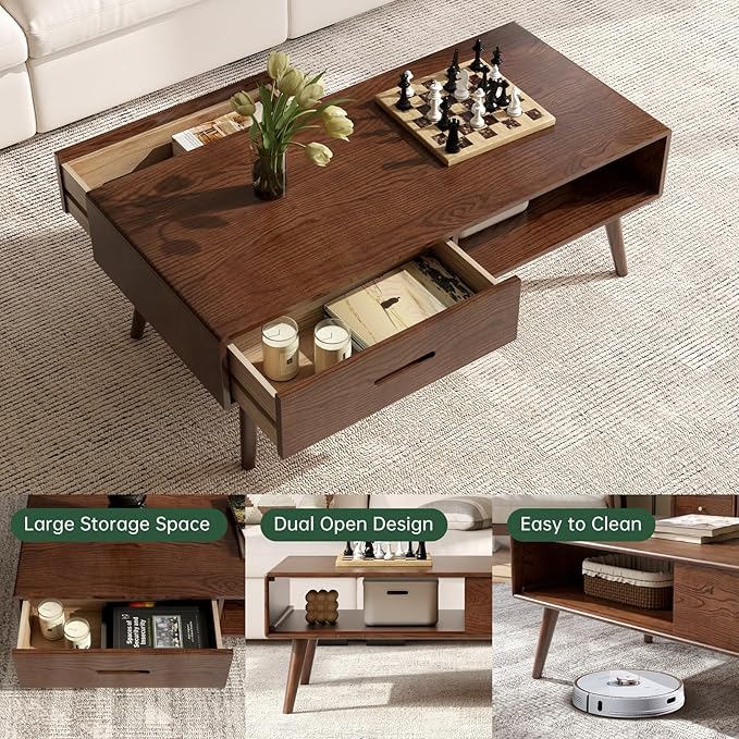 100% Solid Oak Wood Coffee Table for Living Room, Coffee Table with Storage Shelf and 2 Drawers, Mid-Century Modern Coffee Tables for Home (Oak Walnut Colour, 39.37'' W)