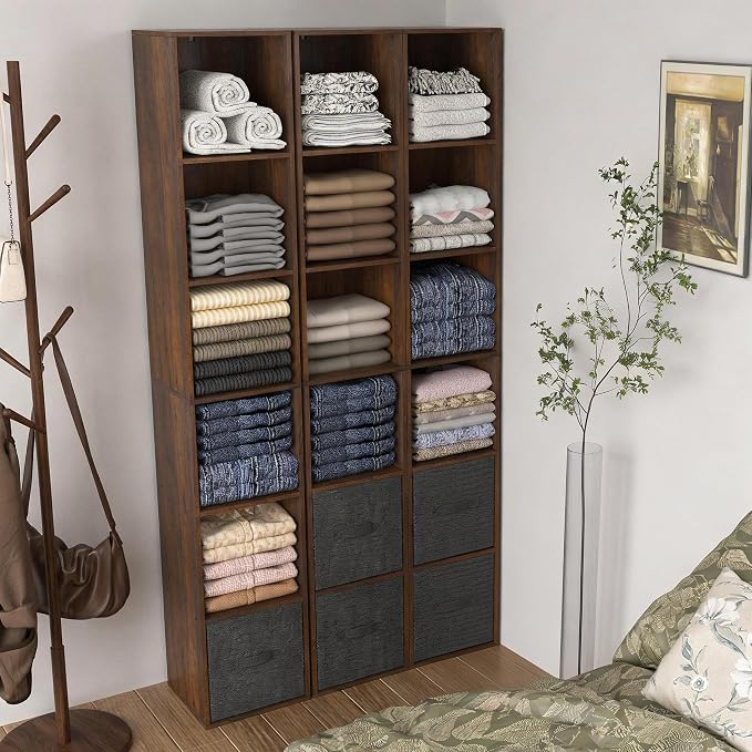 6 Cube Storage Organizer, Narrow Open Shelf Bookcase, Freestanding 6 Tier Low Display Bookshelf for Home Office, Living Room, Bedroom, Dark Brown & Black Walnut