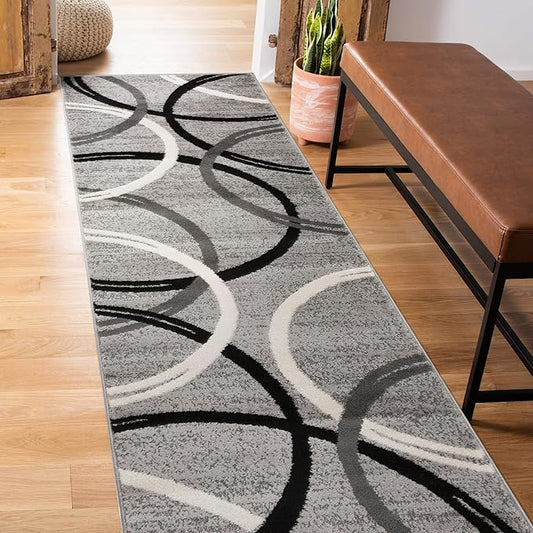 Rugshop Wavy Circles Design Runner Rug, Carpet with Jute Backing for Hallway or Entryway, Gray, 2'7" x 6'