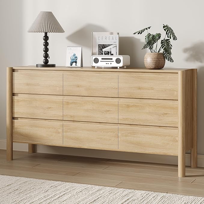 Dresser for Bedroom,9-Drawers,63" Wide Farmhouse Large Dressers & Chest,4 Solid Wood Legs,TV Stand, Storage Organizer Furniture for Bedroom(Oak)