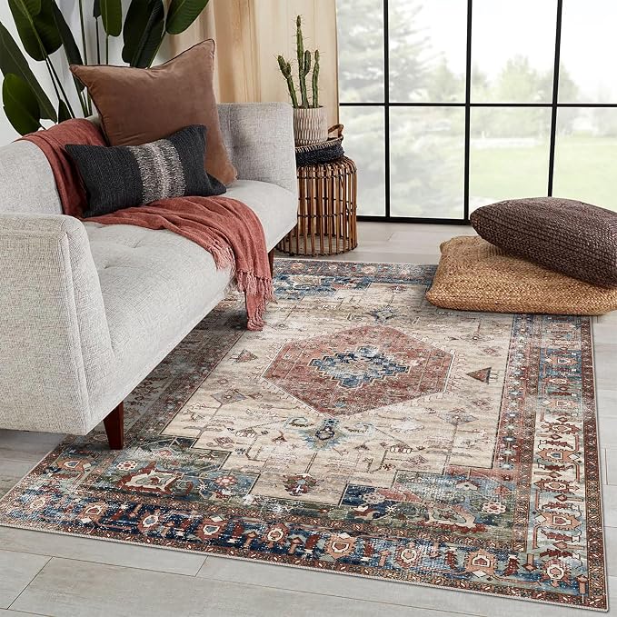 vivorug 3x5 Rug, Small Area Rug for Living Room, Bedroom, Kitchen, Machine Washable Non-Slip Throw Rug, Vintage Carpet for Entryway Nursery Coffee Table - Durable (Brown)
