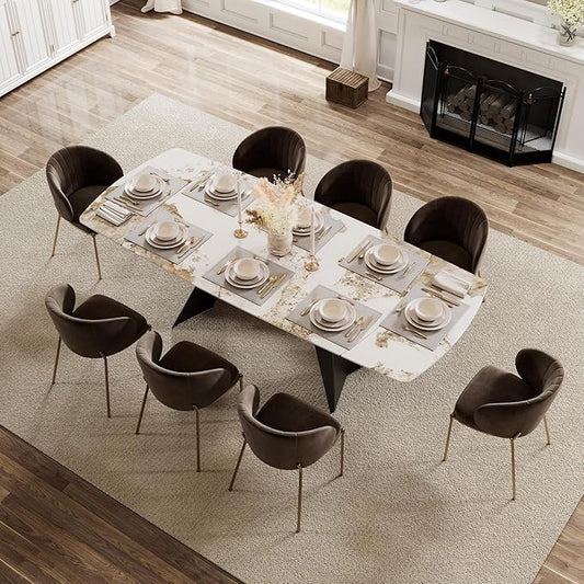 Extendable Dining Table with Leaf, 65"-95" Rectangular Sintered Stone, Marble-Look Top, Seats 6-12, Metal Base, Easy-Clean, Heat & Scratch Resistant, Dining Room/Kitchen Table for Family Gatherings