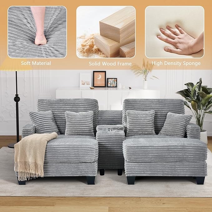 Oversized Chaise Lounge Chair Indoor with Storage & USB, Cup Holder & Ottoman, Firm Solid Wood Frame with Long Service Life Corduroy Oversized Lounge Reading Chair for Large Study Room - Light Grey