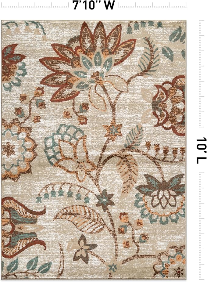 Rugshop Beige Floral Area Rug- Vintage Botanical Indoor Carpet for Living Room, Bedroom, or Dining Room – Non-Shedding, Soft Low-Pile Traditional Rug 7' 10" x 10'