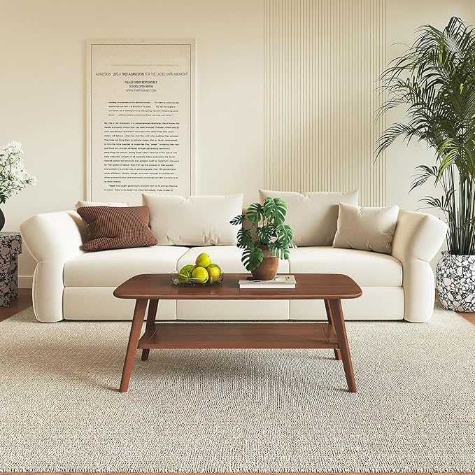 Coffee Table Small Solid Wood Center Table Mid Century Vintage Living Room Coffee Table, Walnut 47.24 Inch