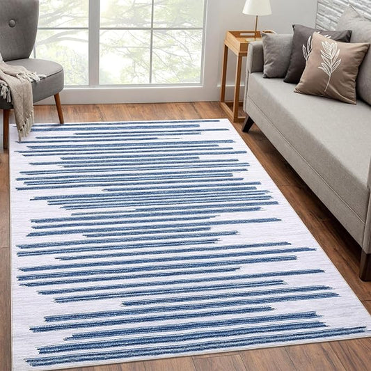9x12 Area Rug Washable Modern Lines Rug for Living Room Low Pile Soft Bedroom Rugs Non Slip Modern Indoor Large Carpet Thin Foldable Abstract Lines Carpet for Nursery Dining Playroom, Blue