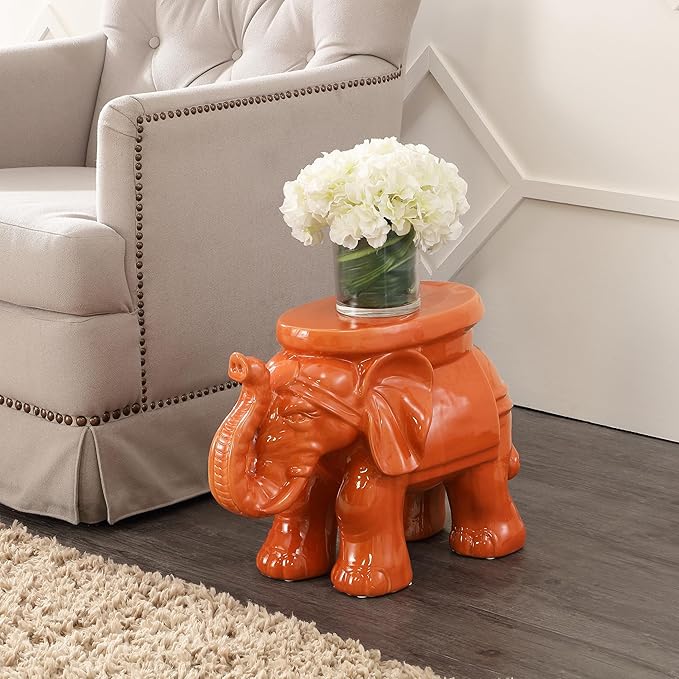 JONATHAN Y TBL1007C White Elephant 14.25" Ceramic Indoor/Outdoor Garden Stool Coastal, Contemporary, Transitional, Patio, Garden Room, Bathroom, Living Room, Orange