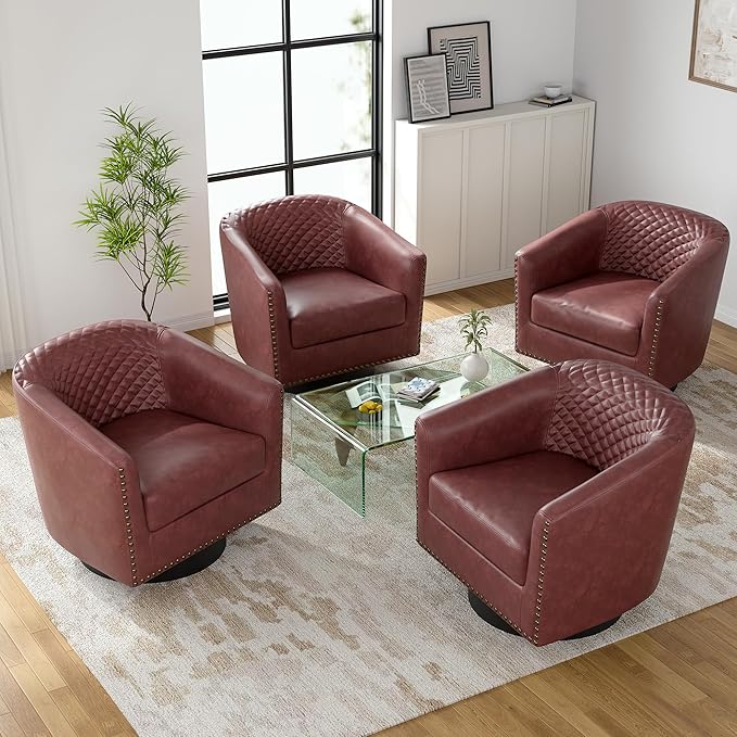 UIXE Swivel Accent Chairs Set of 4, PU Leather Barrel Club Chair for Living Room, Upholstered Round Armchair Comfy Single Sofa Bedroom Reading Seat - Red Brown
