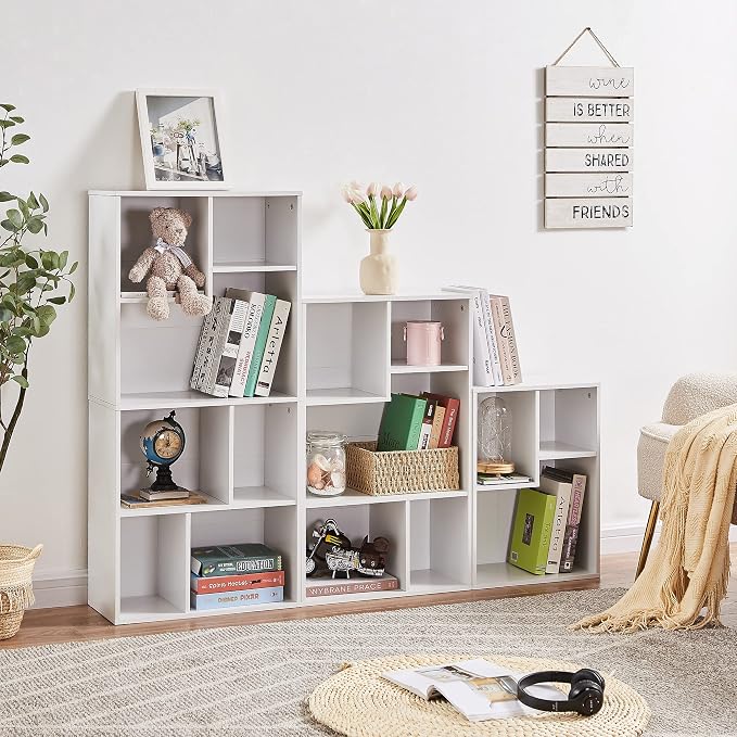 VECELO 3-Cube Small Bookshelf, Modern Bookcases with Shelves Height Up to 12.8 Inches, Suit for Common Size Textbook, Vertical or Horizontal, Cubby Storage Organizer,Pearl White